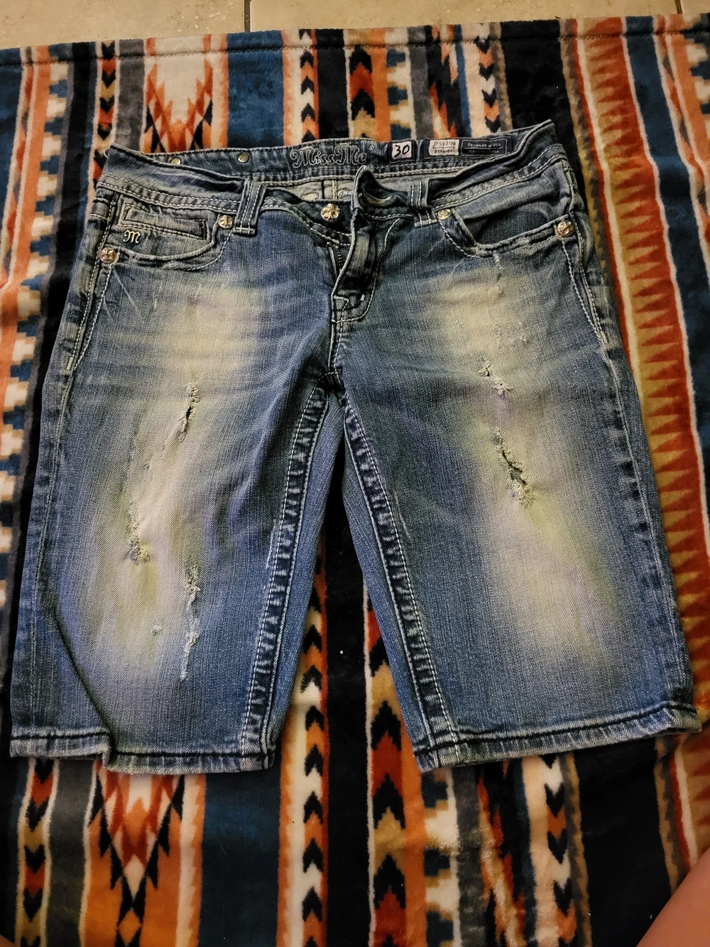 Miss Me Distressed Denim Bermuda Shorts in Faded Blue